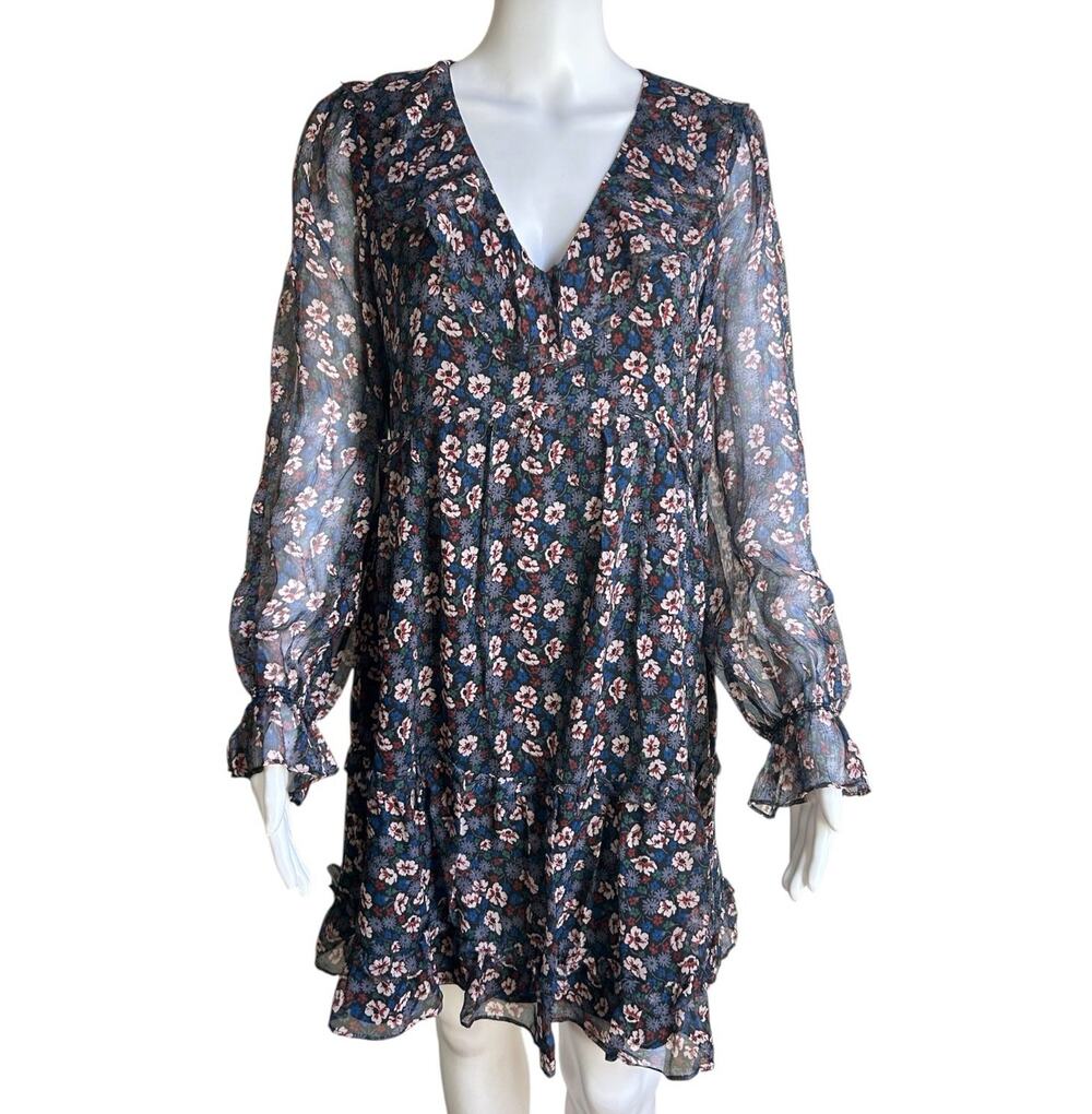Joie Adanson 100% Silk Floral Mini Dress Size 8 Ruffle Long Sleeve Boho V Neck